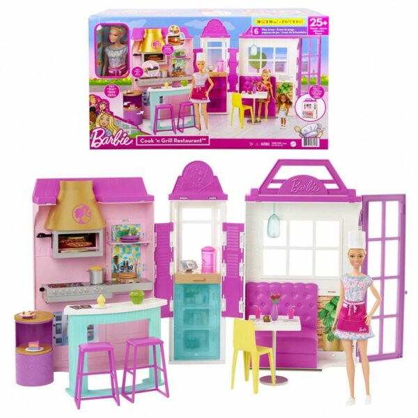Barbie Cook ‘n Grill Restaurant Playset with Barbie Doll, 30+ Pieces & 6 Play Areas Including Kitchen, Pizza Oven, Grill & Dining Booth