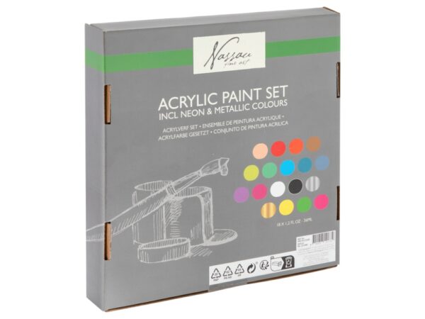18x 36ml Acrylic Paint, Includes Fluorescent & Metallic Colours - Image 3