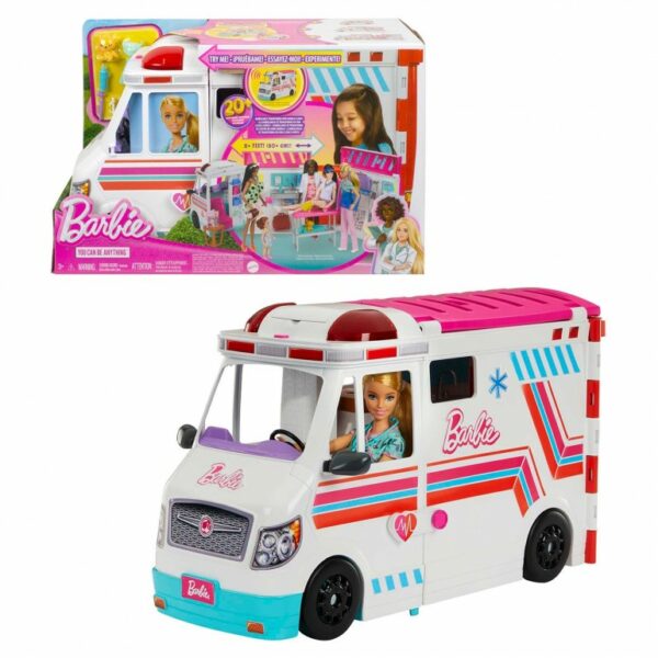 Barbie Ambulance and Hospital Playset, Emergency Vehicle with Lights and Sounds Transforms into Care Clinic, 20 Doll Accessories, One Barbie Vehicle