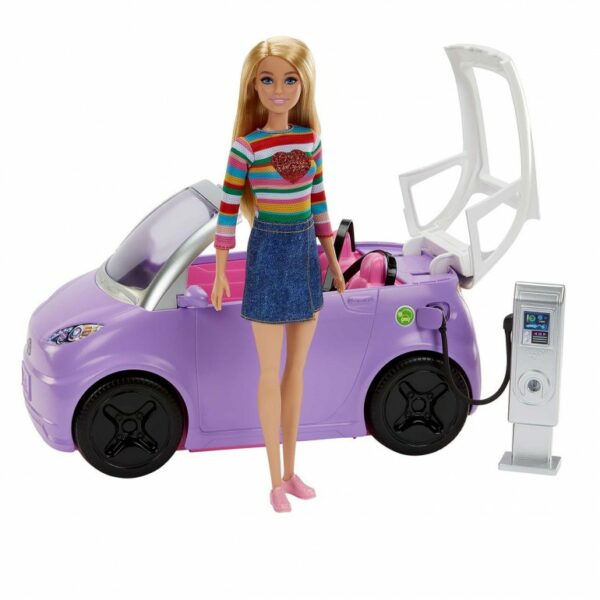 Barbie Car, Kids Toys, “Electric Vehicle” with Charging Station and Plug, Transforms into Convertible, Purple Car with Sunroof - Image 2