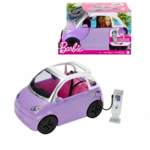 Barbie Car, Kids Toys, “Electric Vehicle” with Charging Station and Plug, Transforms into Convertible, Purple Car with Sunroof