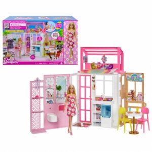 Barbie Dollhouse Playset with Barbie Doll & House with 2 Levels & 4 Play Areas, Fully Furnished, with Pet Puppy & Accessories