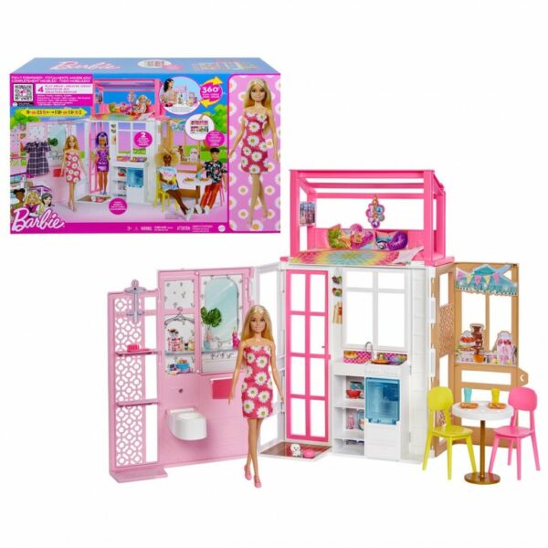 Barbie Dollhouse Playset with Barbie Doll & House with 2 Levels & 4 Play Areas, Fully Furnished, with Pet Puppy & Accessories