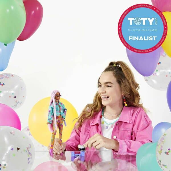 Barbie Extra Doll, Pink Braids in Floral Printed Jacket & Trousers, DJ Pet Mouse - Image 4