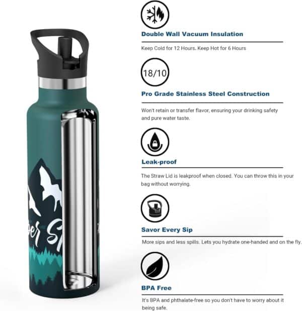 Super Sparrow Ultra-light Insulated Stainless Steel Water Bottle With Straw Lid 750ml Blue Green - Image 4