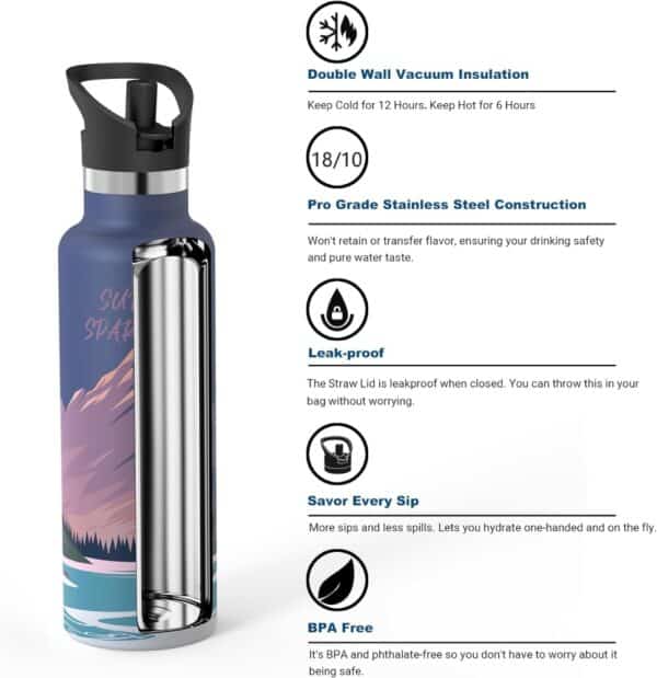 Super Sparrow Ultra-light Insulated Stainless Steel Water Bottle With Straw Lid 750ml Starry Purple - Image 2