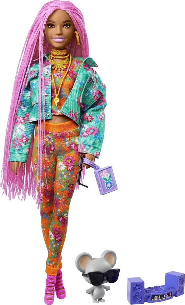 Barbie Extra Doll, Pink Braids in Floral Printed Jacket & Trousers, DJ Pet Mouse - Image 2