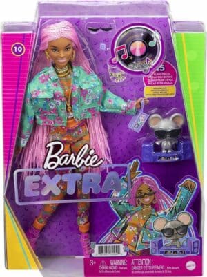Barbie Extra Doll, Pink Braids in Floral Printed Jacket & Trousers, DJ Pet Mouse
