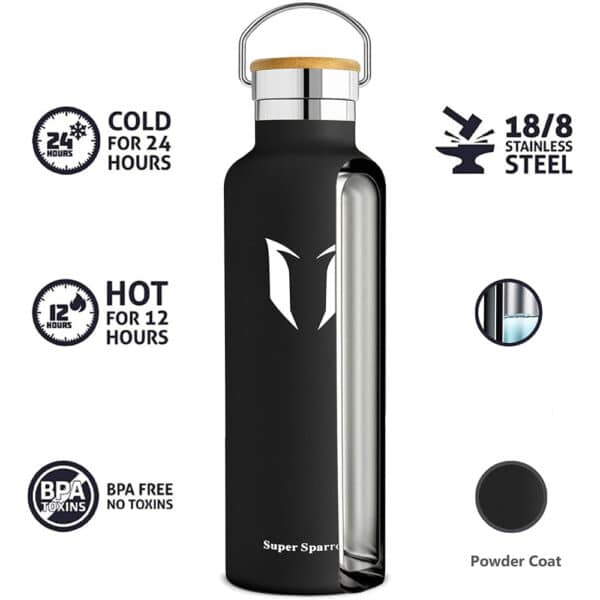 Super Sparrow Vacuum Insulated Stainless Steel Water Bottle 750ml Black - Image 4