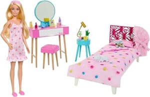 Barbie - Doll and Bedroom Playset, Barbie Furniture and 20+ Storytelling Accessories Including Robe and Kitten