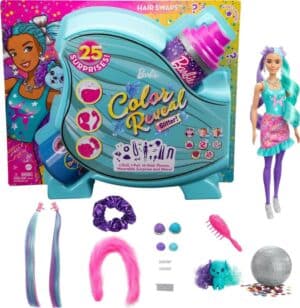 Barbie Color Reveal Doll, Glittery Purple with 25 Hairstyling & Party-Themed Surprises Including 10 Plug-In Hair Pieces