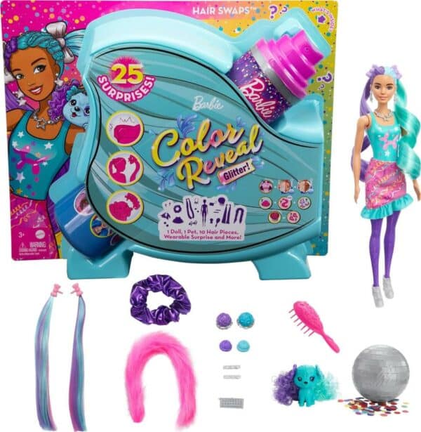 Barbie Color Reveal Doll, Glittery Purple with 25 Hairstyling & Party-Themed Surprises Including 10 Plug-In Hair Pieces