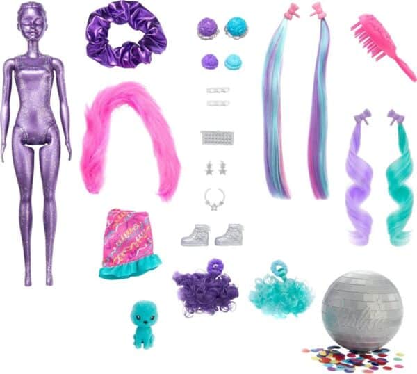 Barbie Color Reveal Doll, Glittery Purple with 25 Hairstyling & Party-Themed Surprises Including 10 Plug-In Hair Pieces - Image 6