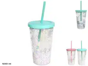 Pastel Confetti Themed Plastic Cup With Straw 500ml