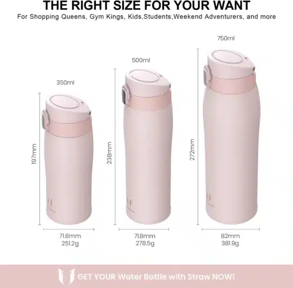 Super Sparrow Enjoy Series 500ml Stainless Steel Bottle With Straw Light Pink Dual - Image 3