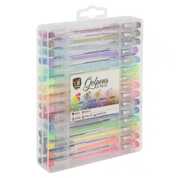 30 Assorted Gel Pens In Carry Case: 12 Glitter, 12 Neon