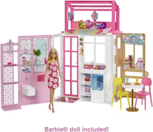 Barbie Dollhouse Playset with Barbie Doll & House with 2 Levels & 4 Play Areas, Fully Furnished, with Pet Puppy & Accessories