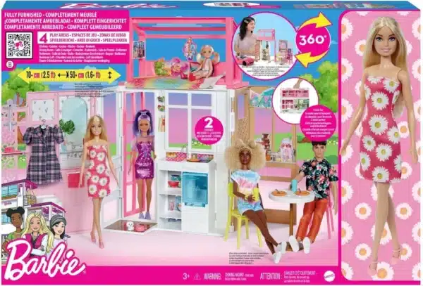 Barbie Dollhouse Playset with Barbie Doll & House with 2 Levels & 4 Play Areas, Fully Furnished, with Pet Puppy & Accessories - Image 3