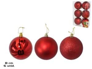 Box 6 Red Christmas Baubles 8cm 3 Assorted