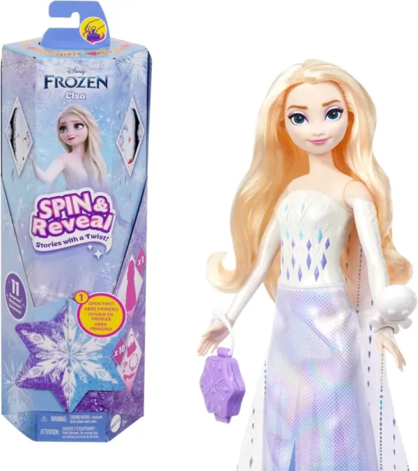 Mattel Disney Frozen Elsa Fashion Doll Set, Spin & Reveal with 11 Surprises Including 5 Accessories, 5 Stickers & Play Scene, Inspired by the Movie