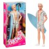Barbie The Movie Ken Doll Wearing Pastel Pink and Green Striped Beach Matching Set with Surfboard and White Sneakers
