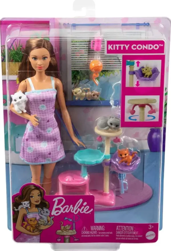 Barbie Kitty Condo Doll & Pets, Cat Tree Toy Playset with 5 Kitten Figures & Accessories