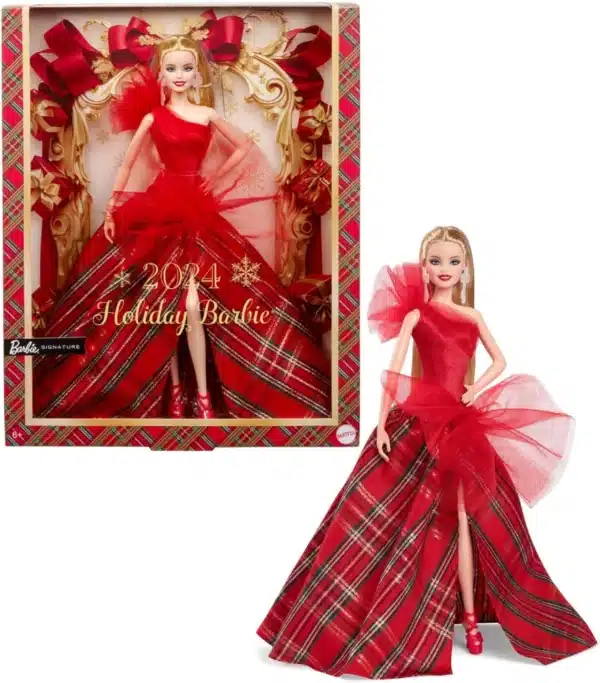 Barbie Signature Doll, 2024 Holiday Blonde Fashion Doll Wearing Gown with Plaid Skirt, Seasonal Collector Gift