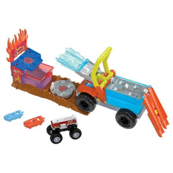Hot Wheels Monster Trucks Arenabeukers Color Shifters 5 Alarm Rescue with 1 Color Shifter Monster Truck, 2 Color Shifter Demolition Cars and 1 Detachable Trailer, - Image 2