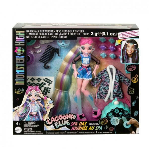 Monster High Doll, Lagoona Blue Spa Day Set with Wear and Share Accessories Like Hair Clips, Hair Chalk and Tattoos