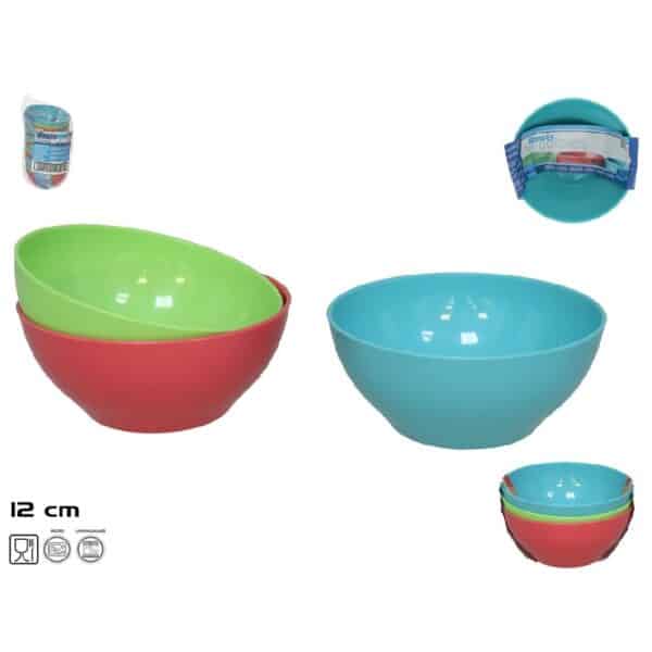 Set of 3 Plastic Bowls In Assorted Colours 12x5.5cm