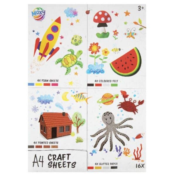 Craft Sheets Pack, A4 Size,16 Pieces:  4 Felt, 4 Foam, 4 Glitter, 4 Printed Sheets