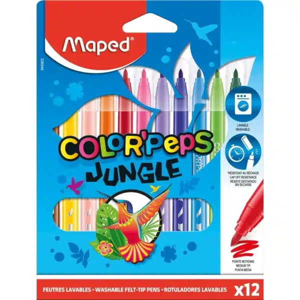 Maped Color'Peps Jungle Colouring Felt Tip Pens - Pack of 12 Bright Colours