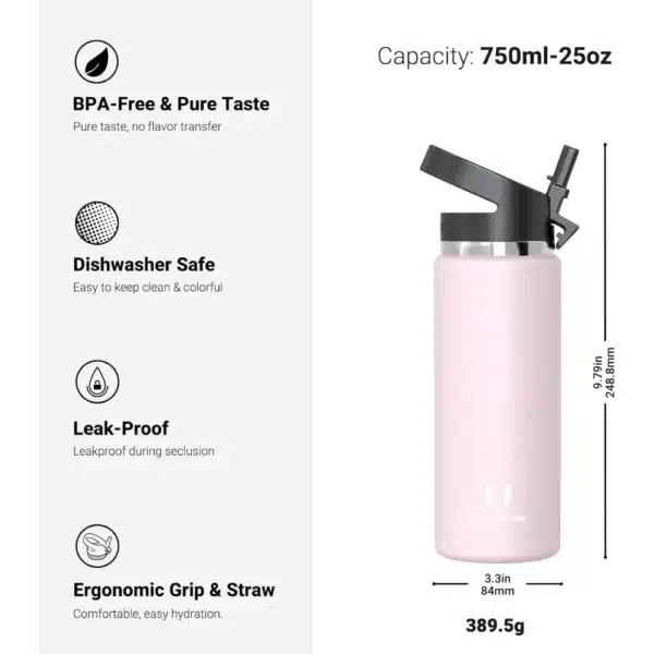 Super Sparrow SwivelSip™ Stainless Steel Insulated Wide Mouth Bottle with Straw Lid, 750ml, Pink - Image 3