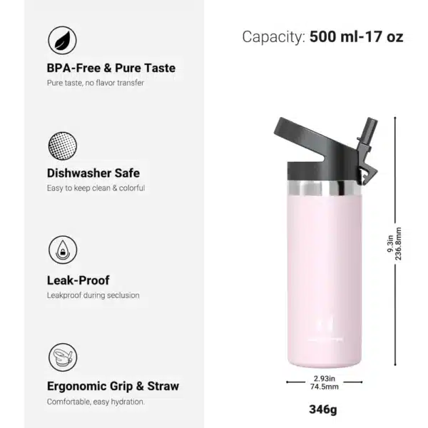 Super Sparrow SwivelSip™ Stainless Steel Insulated Wide Mouth Bottle with Straw Lid, 500ml, Pink - Image 2