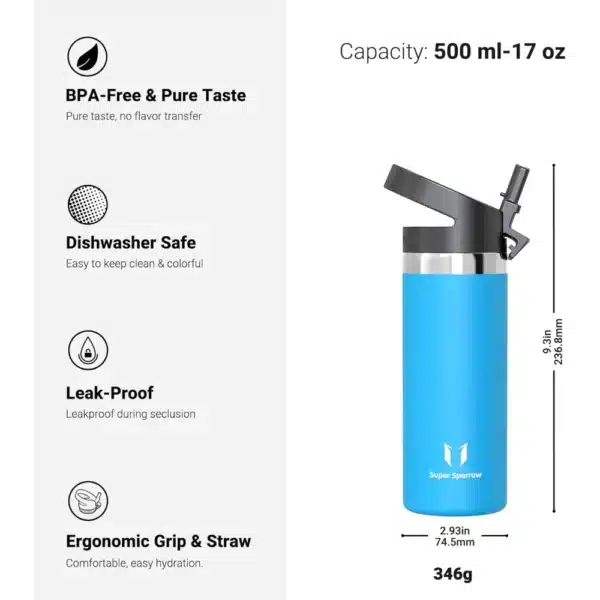 Super Sparrow SwivelSip™ Stainless Steel Insulated Wide Mouth Bottle with Straw Lid, 500ml, Sky Blue - Image 2