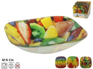 Square Glass Bowl 3 Assorted Fruit prints 12.5x12.5cm