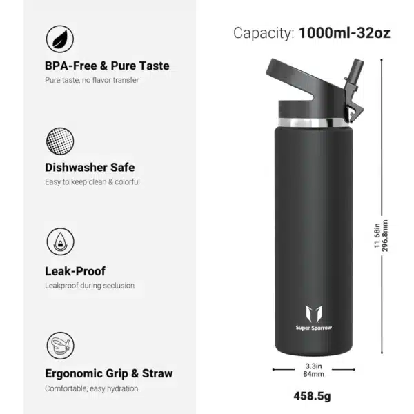 Super Sparrow SwivelSip™ Stainless Steel Insulated Wide Mouth Bottle with Straw Lid, 1000ml, Black - Image 2