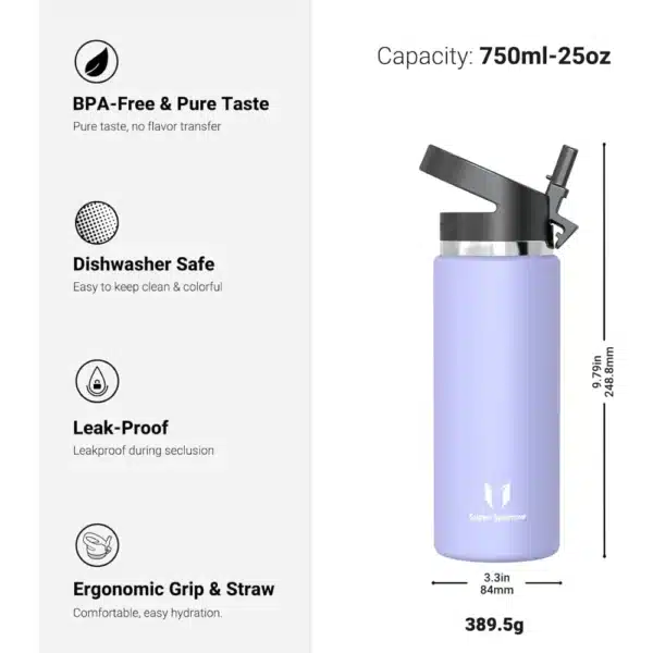 Super Sparrow SwivelSip™ Stainless Steel Insulated Wide Mouth Bottle with Straw Lid, 750ml, Lavander - Image 3