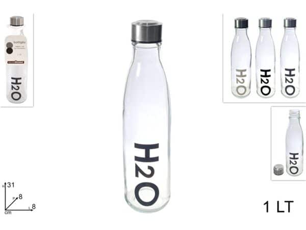 Glass bottle with cap H2o 1 ltr