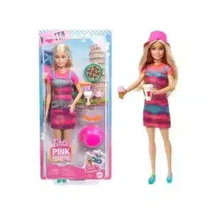 Barbie Pink Passport Italy Doll Set With Clothes & Travel Accessories, Includes Blonde Doll & Food Pieces