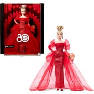 Barbie Signature Collectible Doll For Mattel 80th Anniversary, Glittery Red Tulle Gown, Blonde Hair