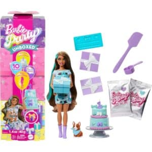 Barbie Party Unboxed Pet Birthday Series Doll & Accessories, Party Stars Set With 10 Surprises