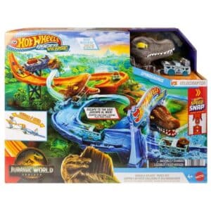 Hot Wheels Racerverse Jurassic World Crash & Splash Track Set & Die-Cast Dinosaur Toy Car
