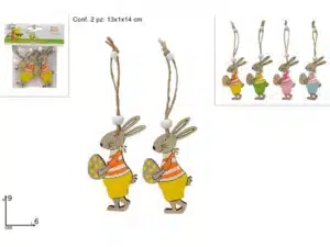 Wooden Hanging Bunny Easter Ornament 9cm (2 Pcs)