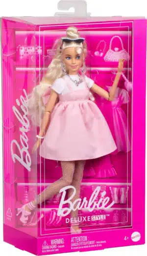 Barbie Deluxe Style Doll in Barbiecore Outfit, Blond Hair in Top Knot, Pink Pastel Dress with Oversized Bow and Accessories Like Mesh Tights