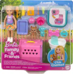 BARBIE Chelsea® Puppy Carrier Playset, Blonde Small Doll and Accessories, Dog Carrier with Puppy Themed Play Pieces