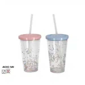 Plastic Cup With Straw 400ml (2 Assorted)