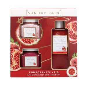 Sunday Rain Pomegranate & Fig Trio (200ml Bubble Bath, 200g Bath Crystals & 180g Body Scrub)