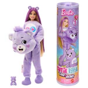 Barbie Cutie Reveal Care Bears Series Doll & Accessories in Share Bear Plush Costume, 10 Surprises, Purple