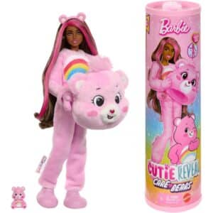 Barbie Cutie Reveal Care Bears Series Doll & Accessories in Cheer Bear Plush Costume, 10 Surprises. Pink